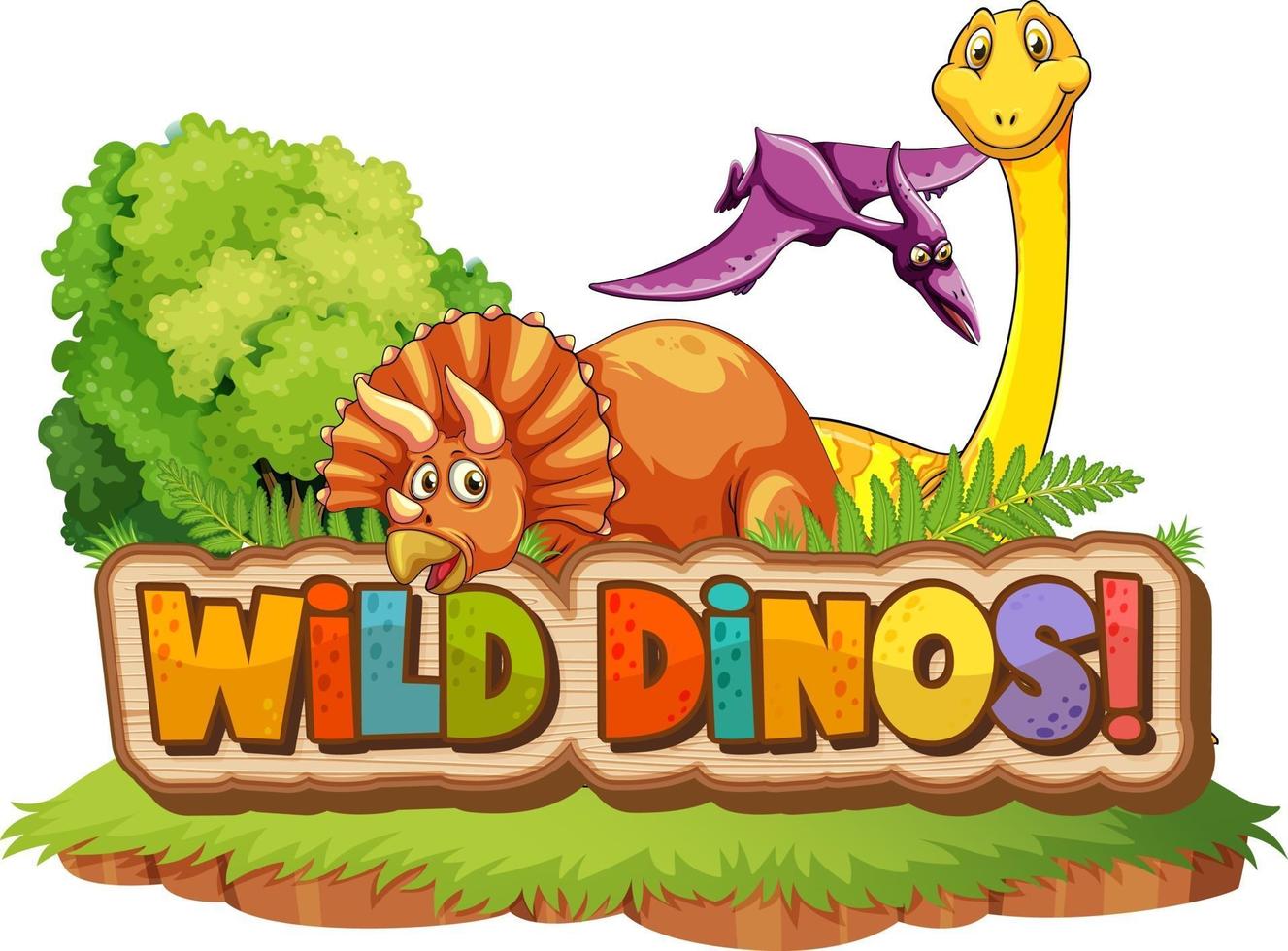 Cute dinosaurs cartoon character with font design for word Wild Dinos vector
