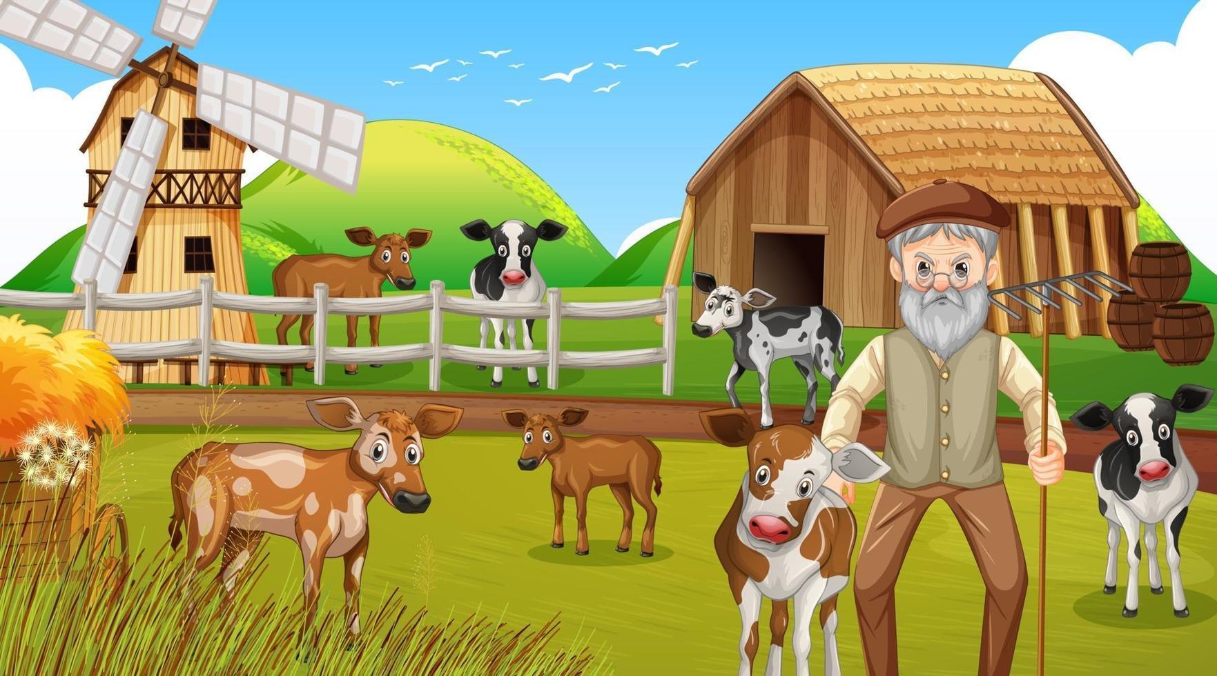 Granja en escena diurna con anciano granjero y animales de granja. vector