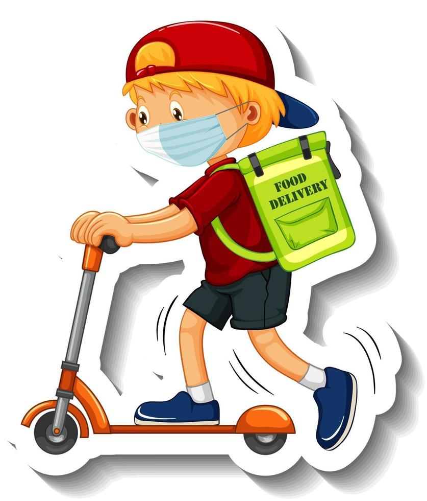 A sticker template with delivery boy wearing mask and riding scooter vector