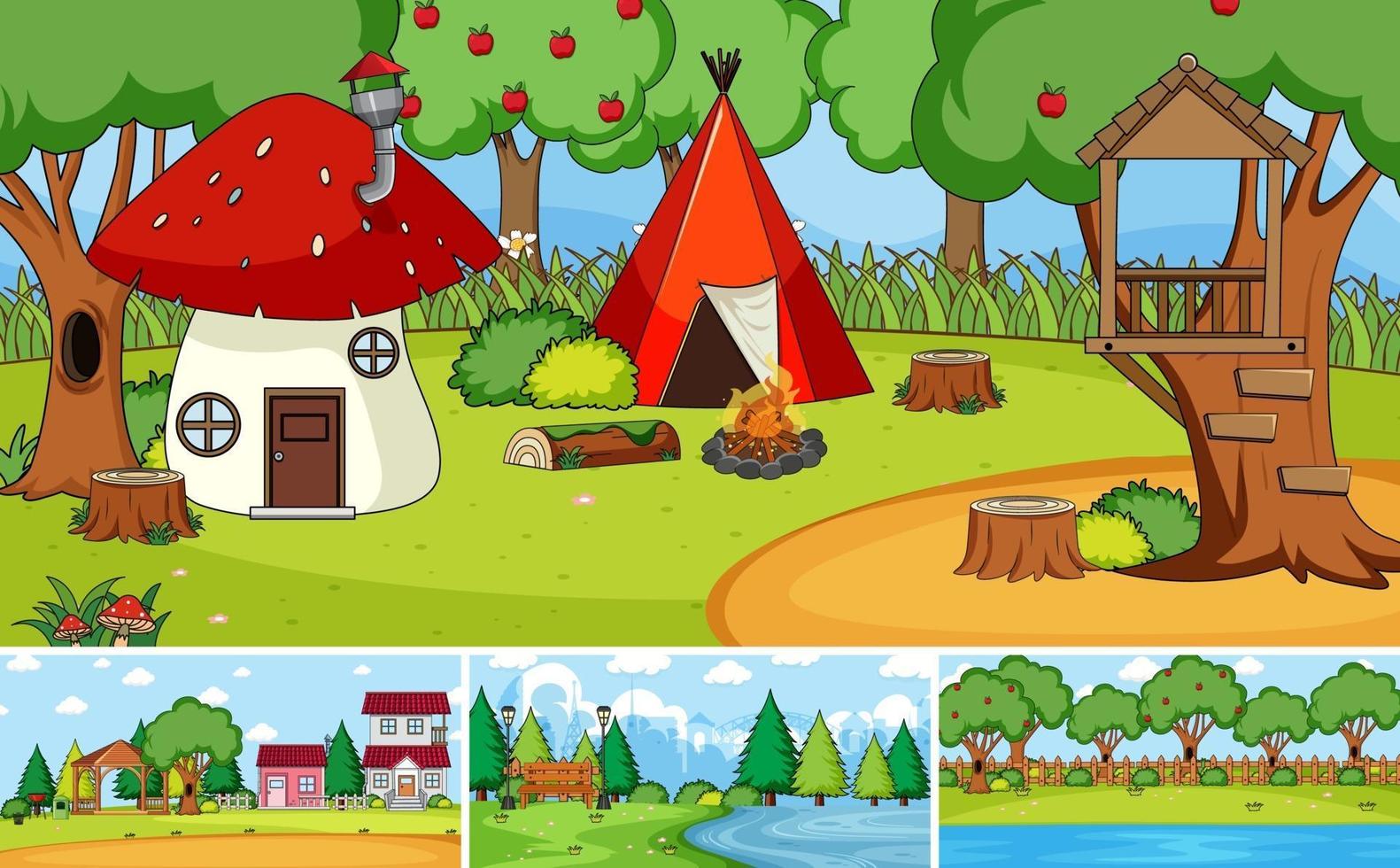 Park scene set with many kids cartoon character vector