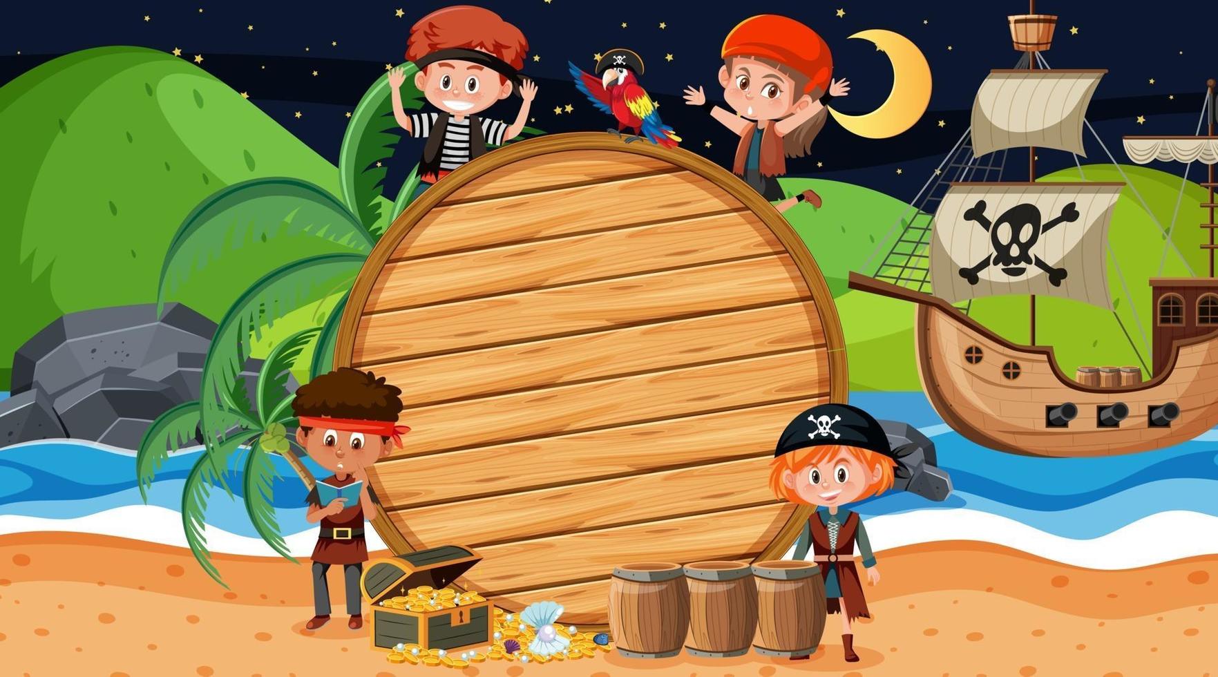 Niños piratas en la escena nocturna de la playa con una plantilla de banner de madera vacía vector