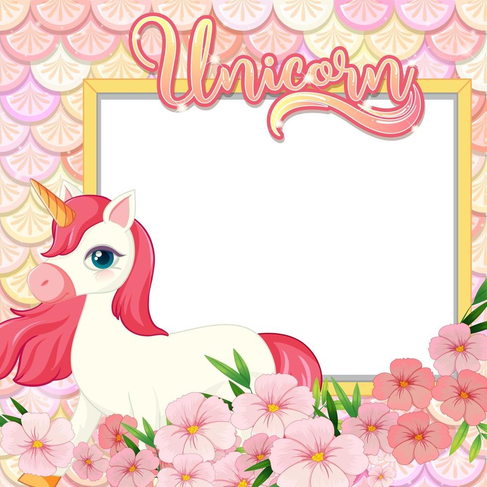 Banner vacío con lindo personaje de dibujos animados de unicornio en escamas de sirena pastel vector