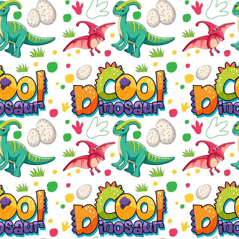 Seamless pattern with cute dinosaurs and font on white background vector