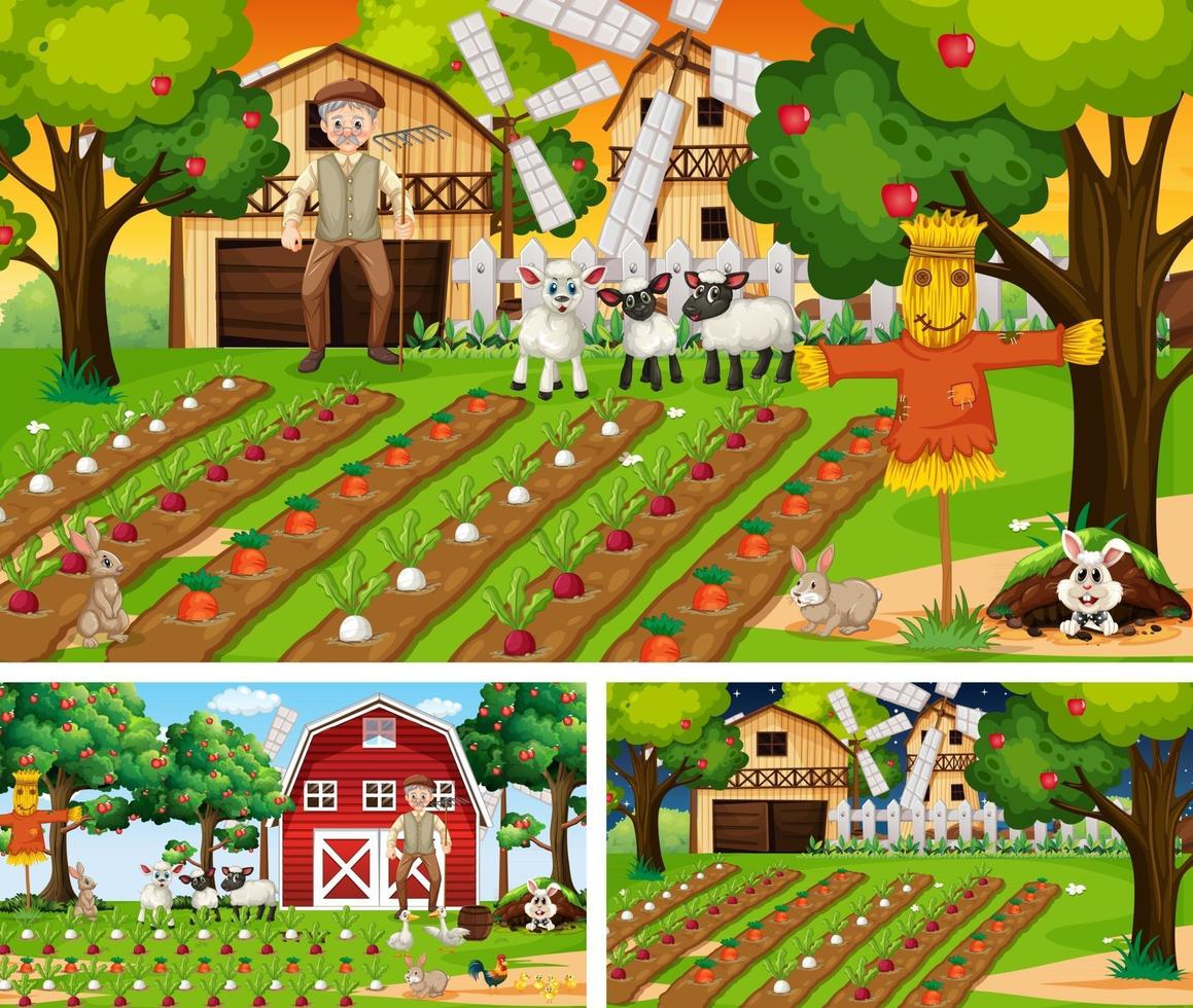 Different farm scenes with farm animals cartoon character vector