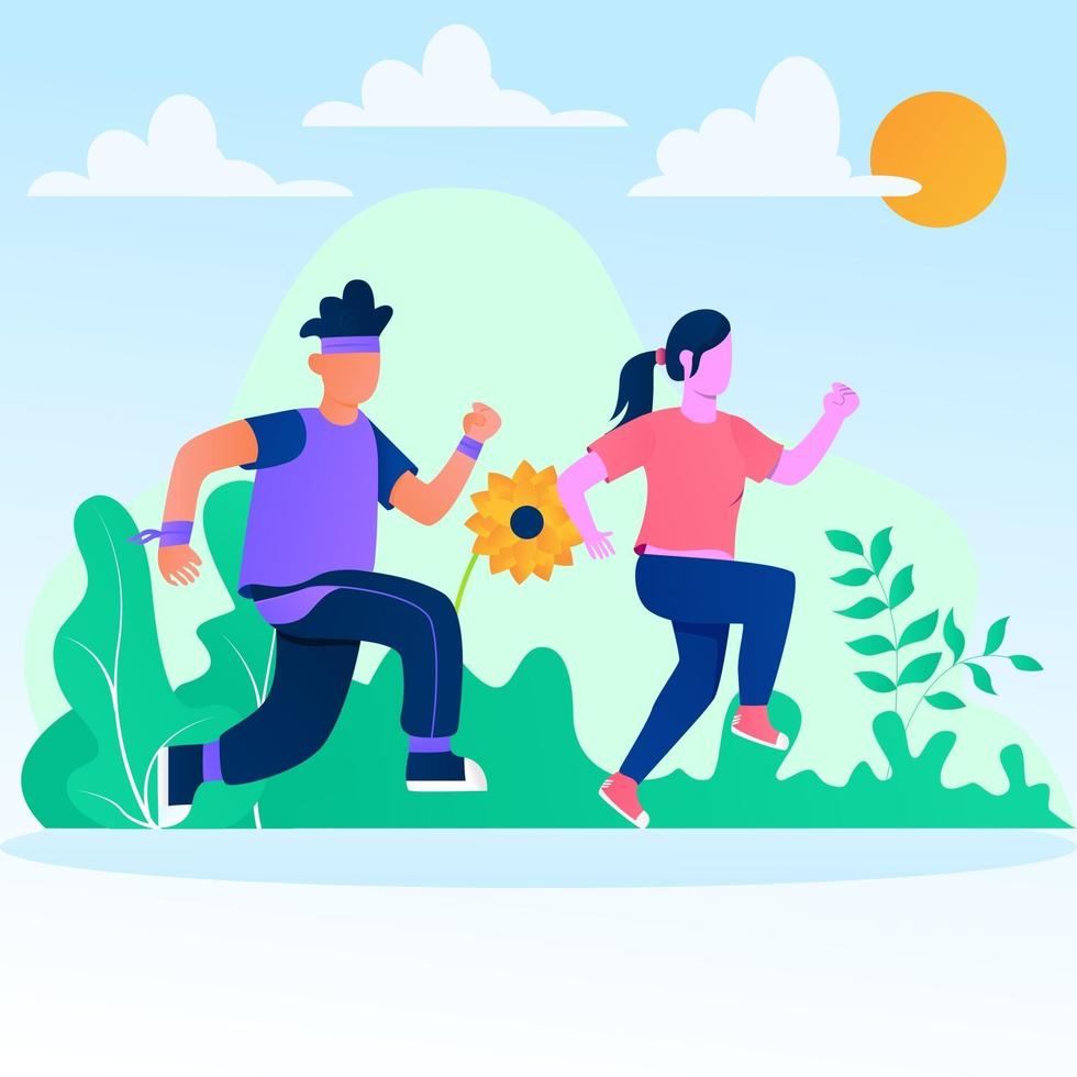 Couple jogging together in park illustration concept vector