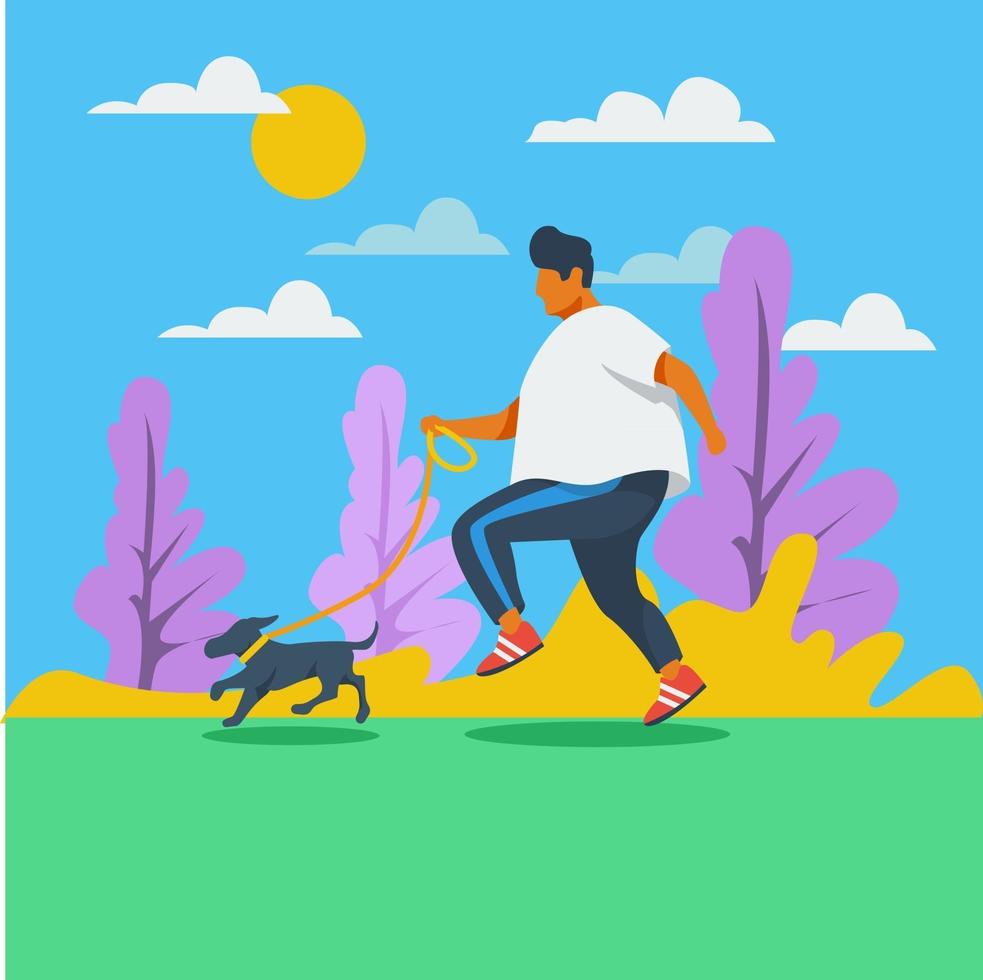 Fat man jogging with dog illustration concept vector