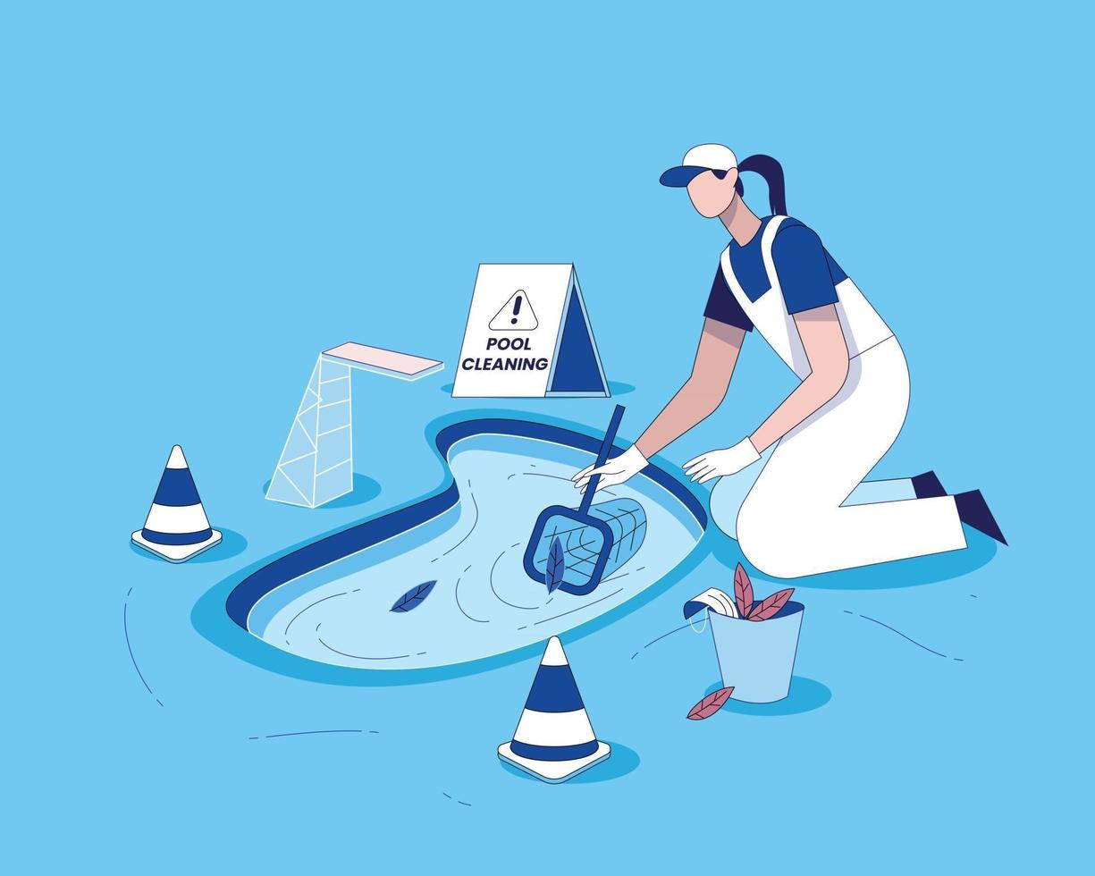 Swimming pool cleaning with cleaning equipment flat illustration vector, Pool maintenance concept, swimming pool service worker with net cleaning water vector