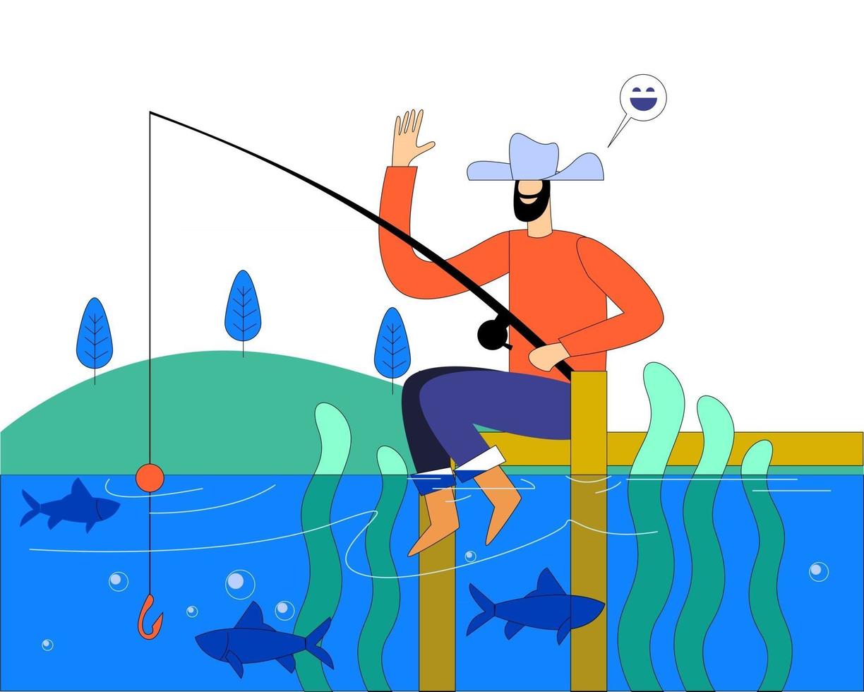 Man fishing in natural river side illustration concept vector