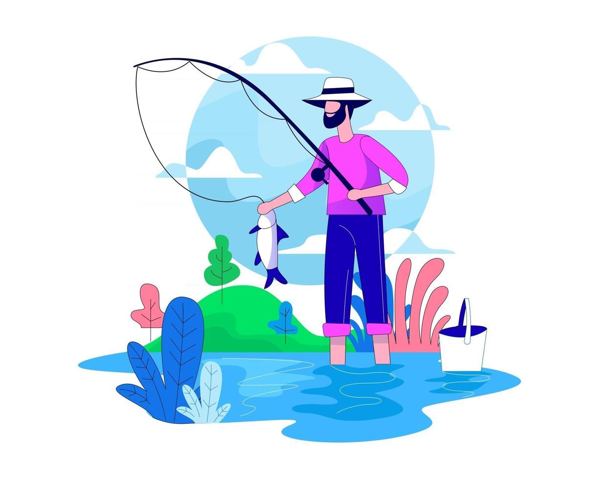 hombre pescando en el lago ilustración concepto vector