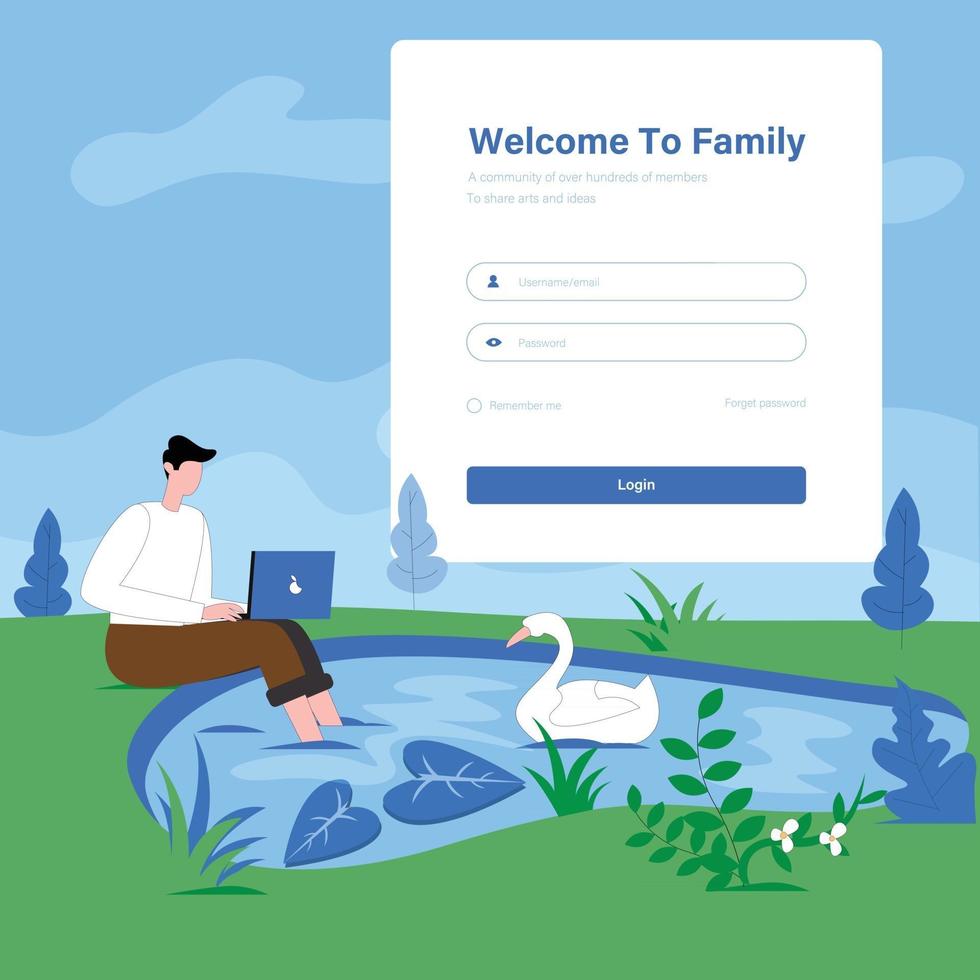 Login concept illustration  man near small lake with laptop concept vector