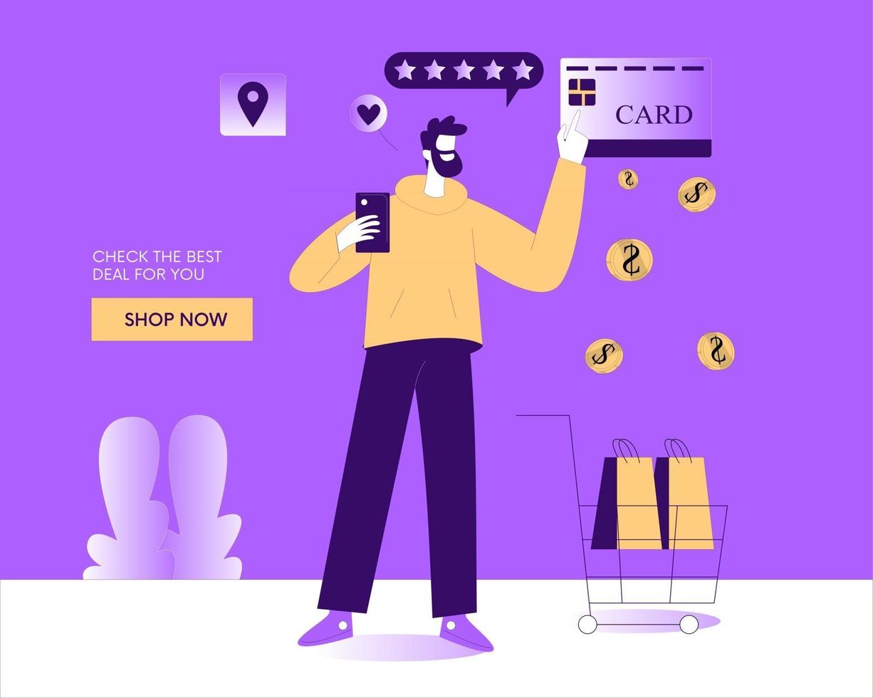 Hombre de compras en línea y pago con vector de concepto de ilustración de tarjeta de crédito