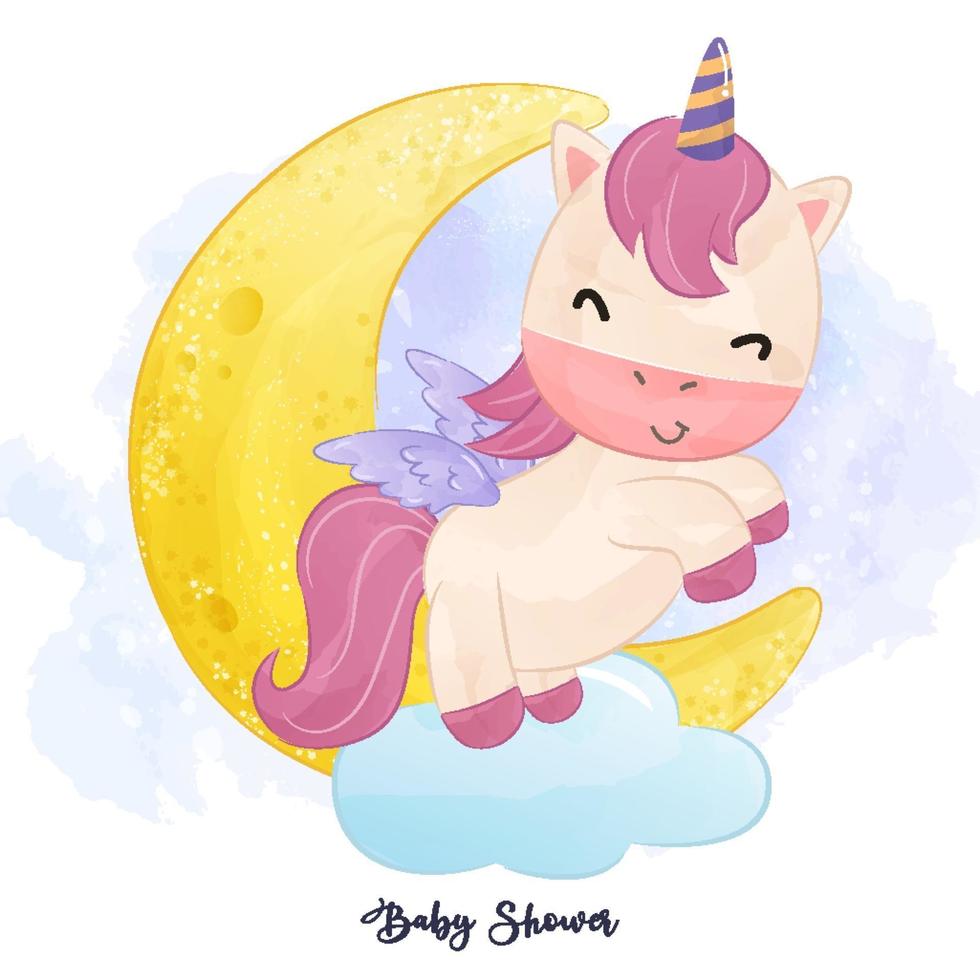 Cute little unicorn in watercolor illustration vector