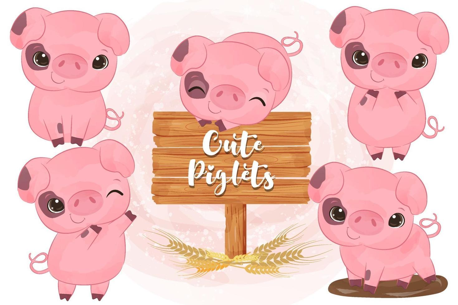 Cute little pigs collection in watercolor vector