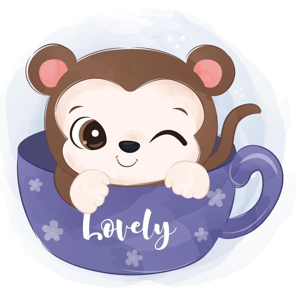 Cute baby monkey illustration in watercolor vector