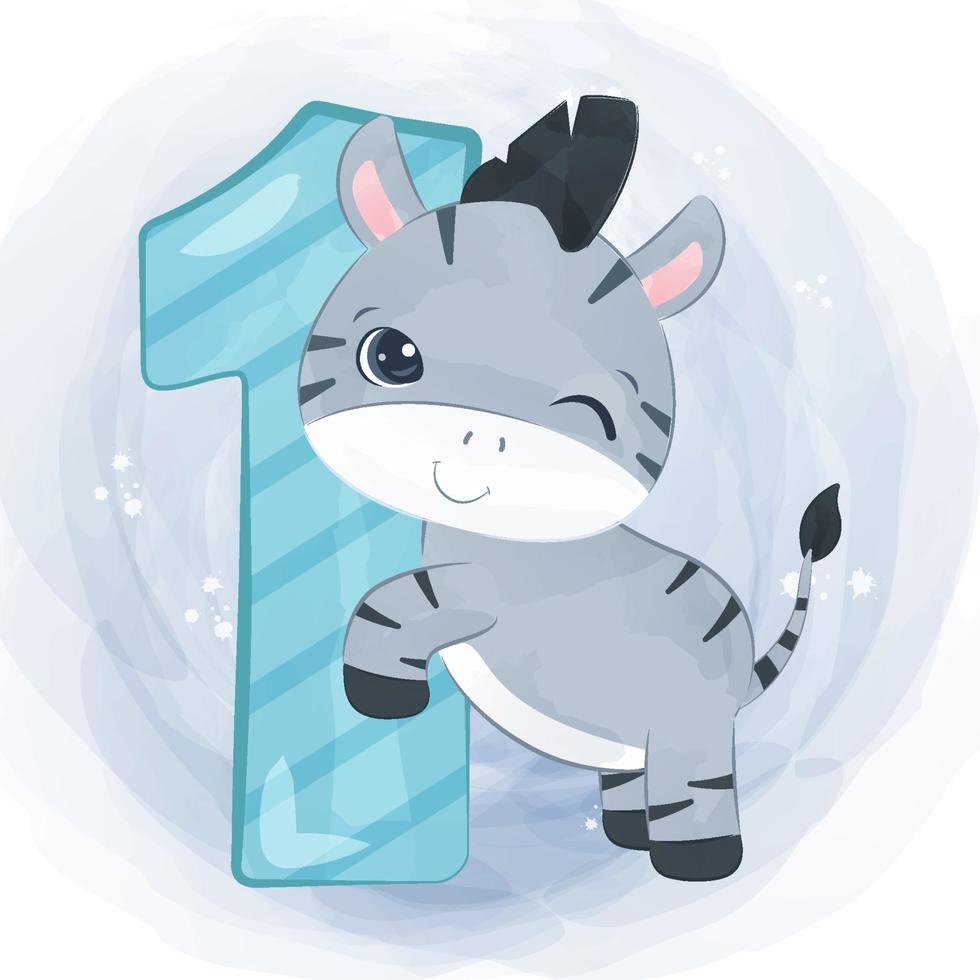 Cute zebra with number in watercolor illustration vector
