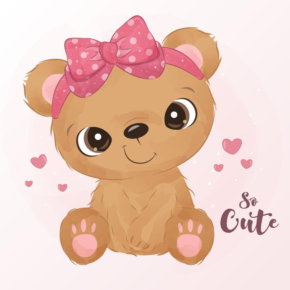 Cute little bear in watercolor illustration vector