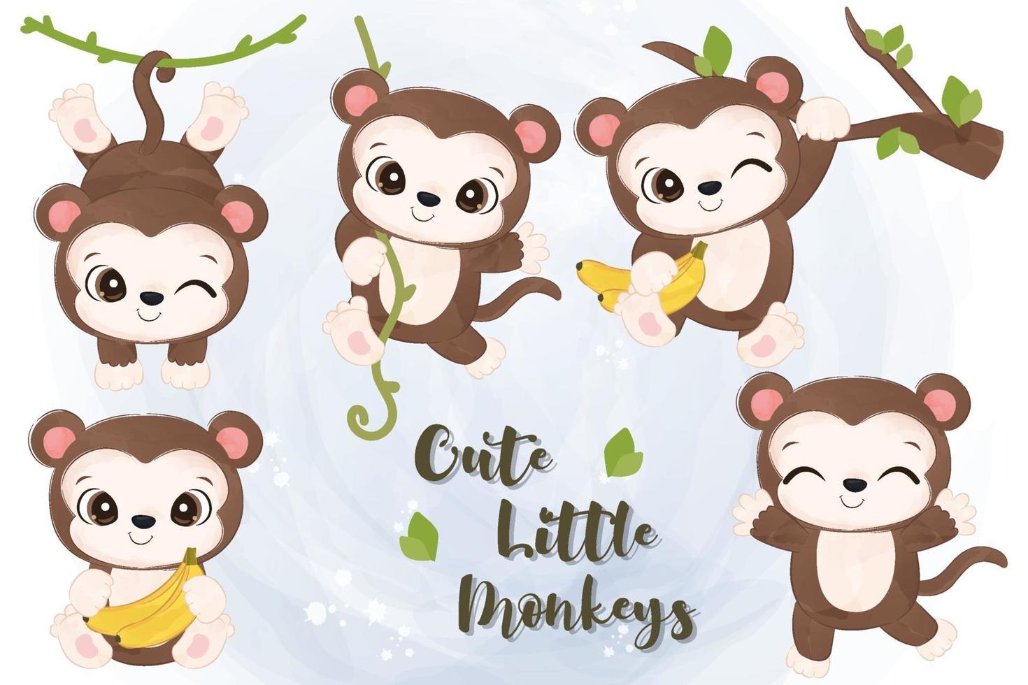 Cute little monkeys collection in watercolor vector