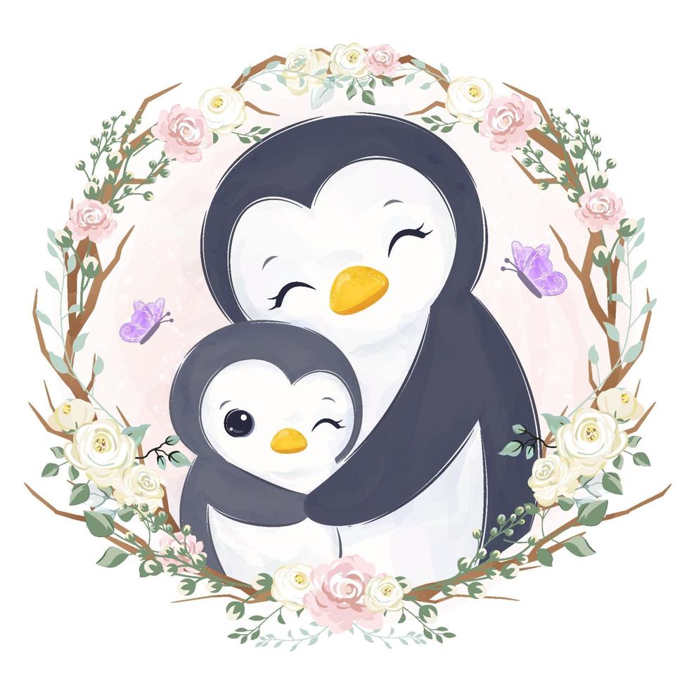Cute mom and baby penguin in watercolor illustration vector