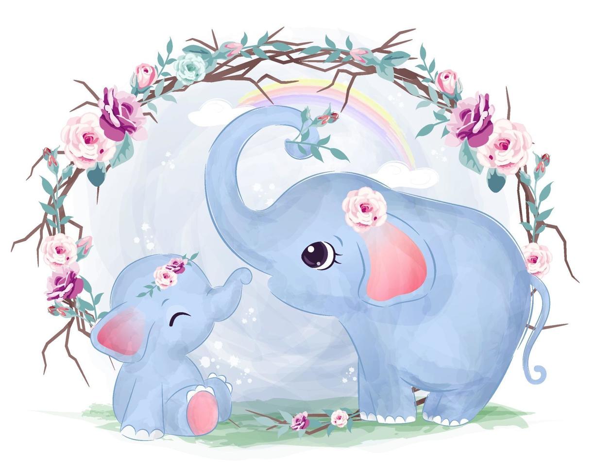 Cute mom and baby elephant in watercolor illustration vector