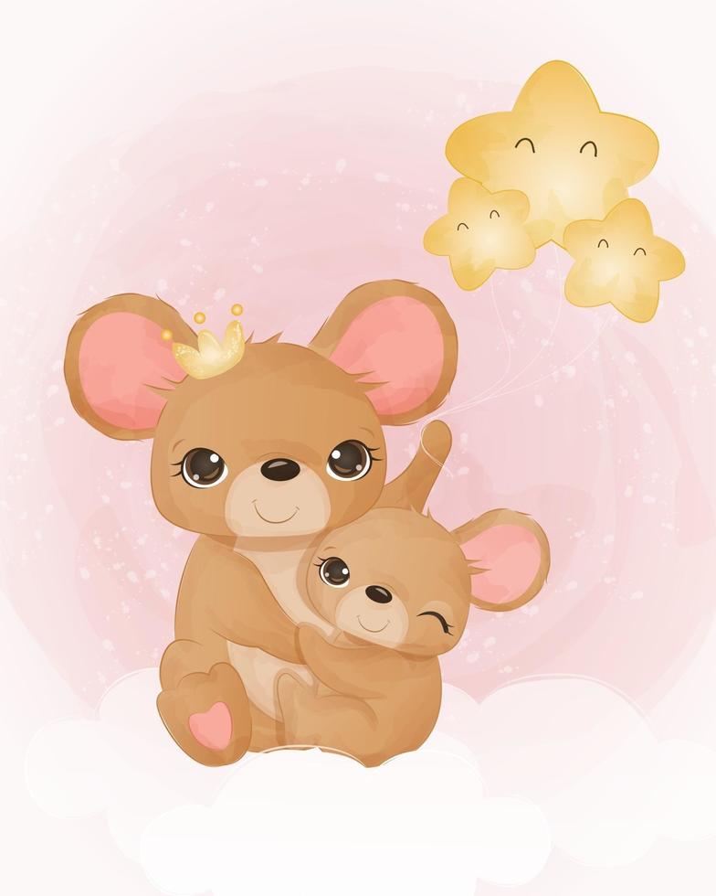 Cute mom and baby mice in watercolor illustration vector