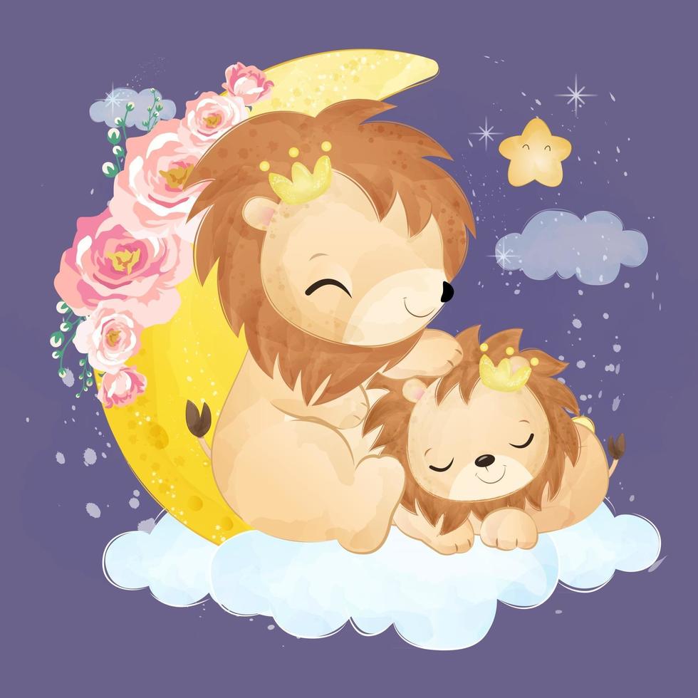 lindo, mamá, y, bebé, león, en, acuarela, ilustración vector