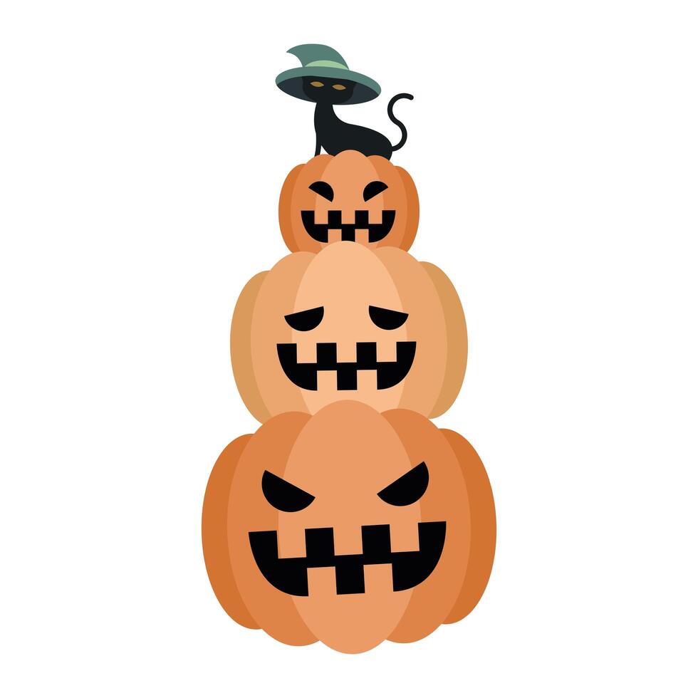 Halloween cat with hat on pumpkins vector design