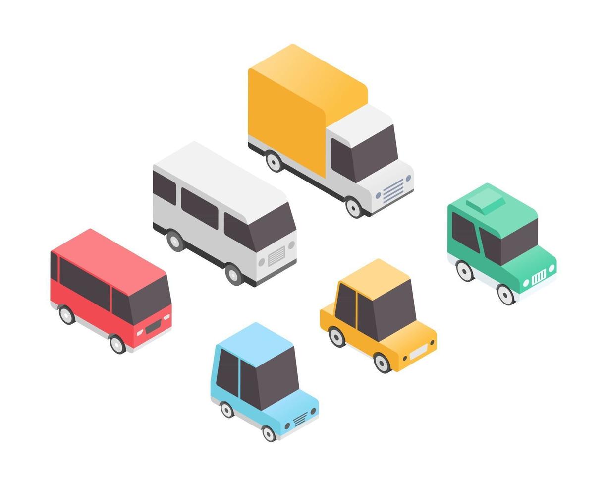 Vehicle set in in isometric vector illustration. Transport set. Urban transport with car, van, truck. Vector illustration.