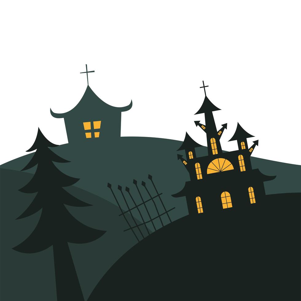 Halloween houses with pine tree and gate vector design