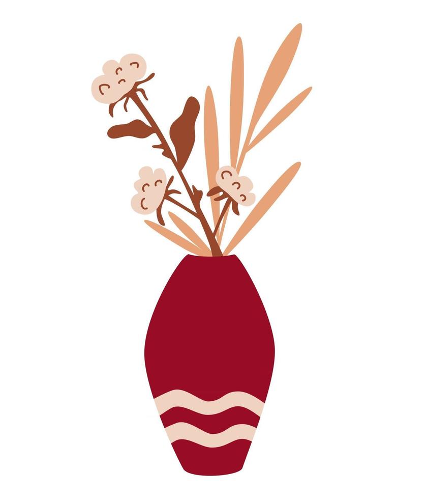 Cotton flowers in a vase Autumn bouquet. Dried flowers and cotton in a minimalistic trendy style. Home decor. Vector illustration for print t-shirts, cards, posters, social media