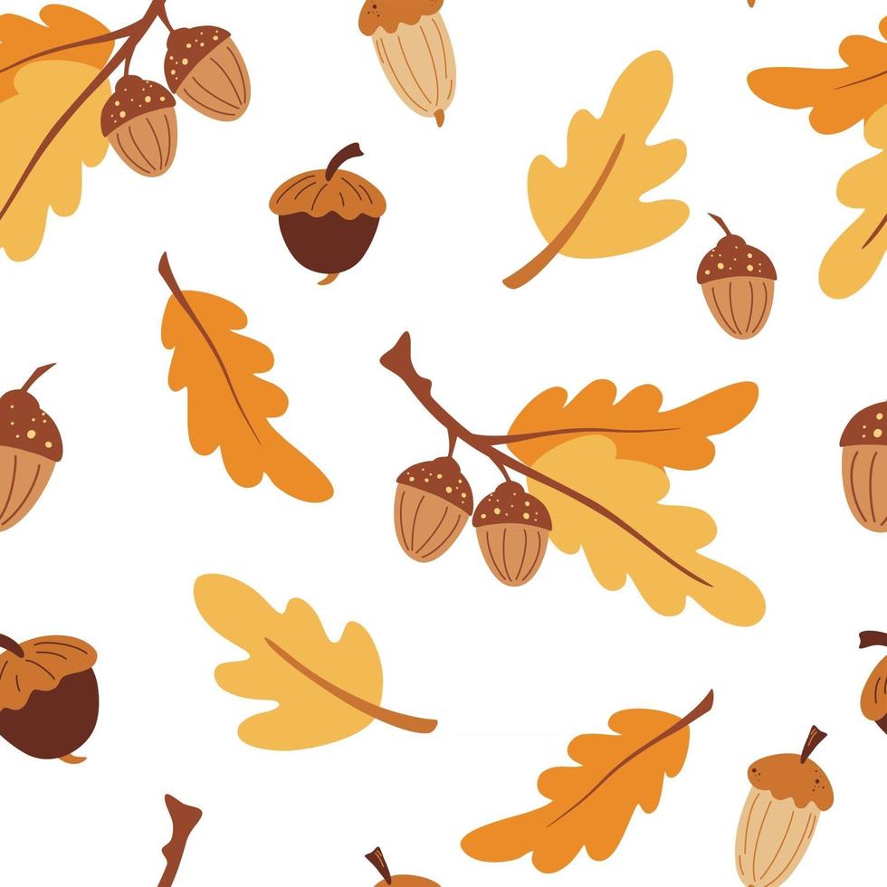 Seamless pattern with acorns. Autumn background. Stylized oak leaves and acorns. Perfect for wallpaper, gift paper, pattern fill, web page background, autumn greeting cards. Cartoon vector texture.