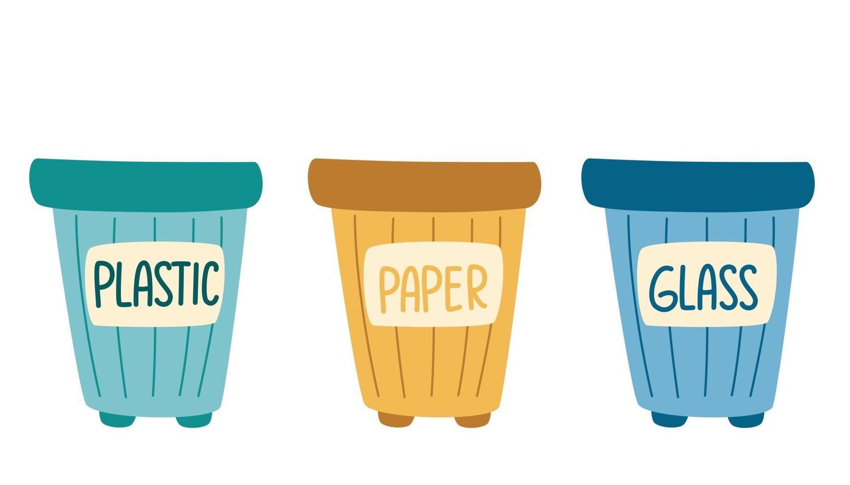 recipientes de reciclaje. botes de basura con juego de basura clasificada. clasificación de residuos. plástico, vidrio, papel. protección del medio ambiente. ir verde. ilustración de dibujos animados de vector