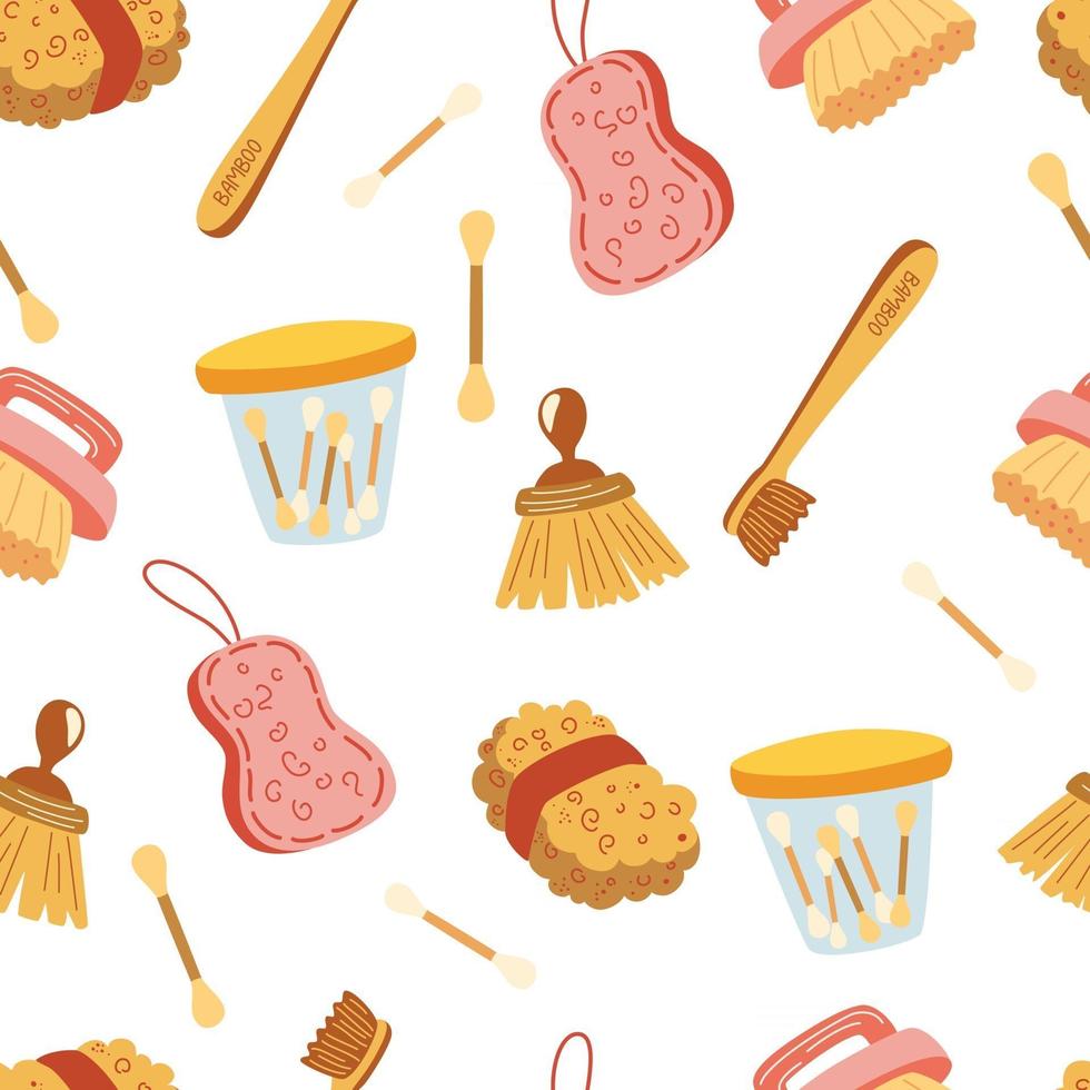 Seamless pattern with Zero waste elements. Eco bath items. No plastic. Eco-friendly Sponge, Bamboo Toothbrush ,Wooden Ear Sticks. Save the planet background. Cartoon vector texture.