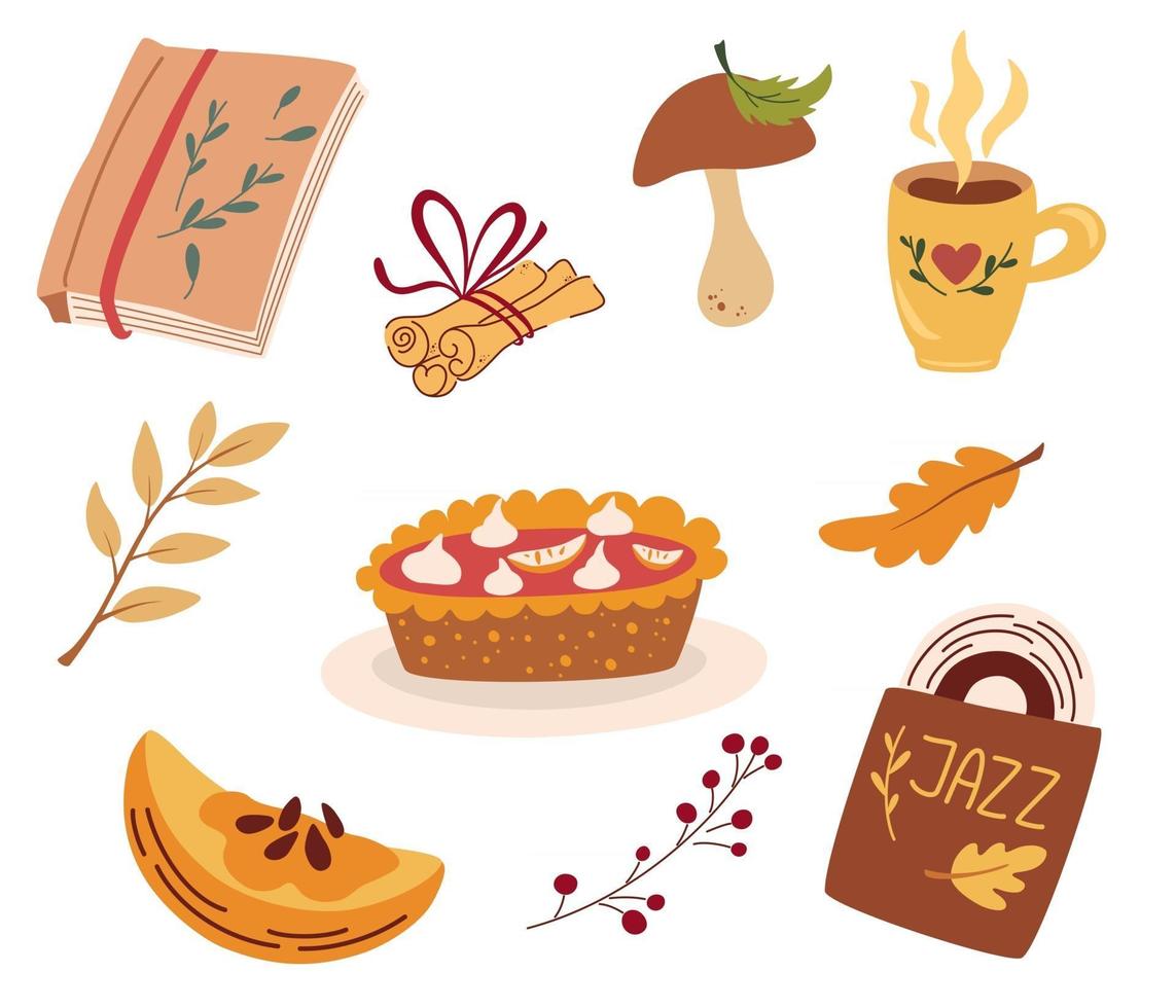 Cozy autumn elements. Pumpkin pie, jazz record, hot drink, cinnamon sticks, autumn leaves and berries. Idea of coziness and comfortable lifestyle, winter and autumn mood. Cute Vector illustrations.