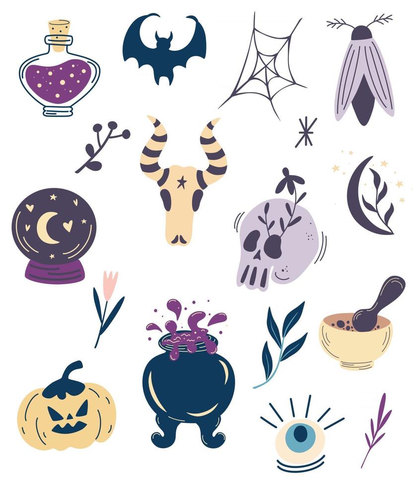 colección de elementos para halloween. Gran conjunto de diseño mágico de brujas. cráneo, poción, calabaza, caldero, ojos, murciélago, polilla, flores. para tatuaje, textil, tarjetas, decoración de halloween. ilustraciones vectoriales. vector