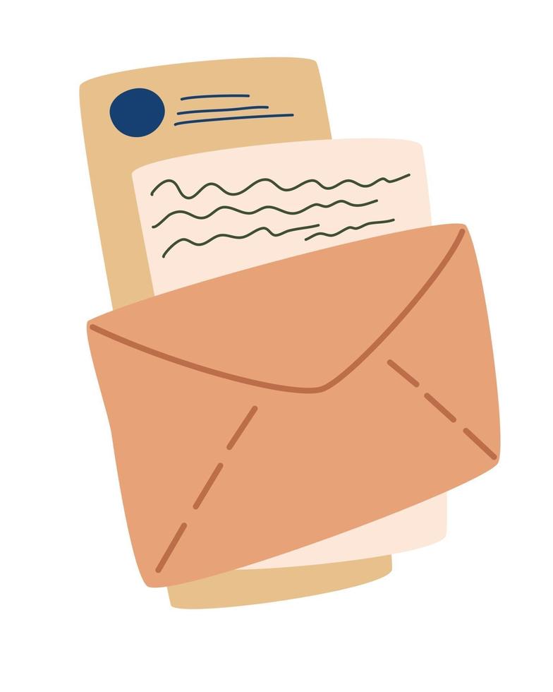Envelope with letters. Mail envelopes. Postcard, paper mail with postmark, wax sealing and postage stamp, note and open handmade envelope. Vector flat cartoon illustration