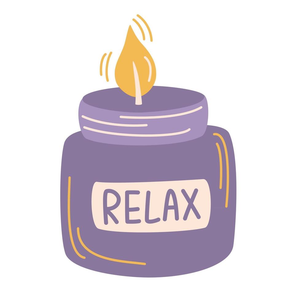 vela aromática. Vela de lavanda en un vaso con la inscripción relax. Linda decoración del hogar Hygge, elemento de diseño decorativo de vacaciones. Ilustración de vector colorido de dibujos animados plana.