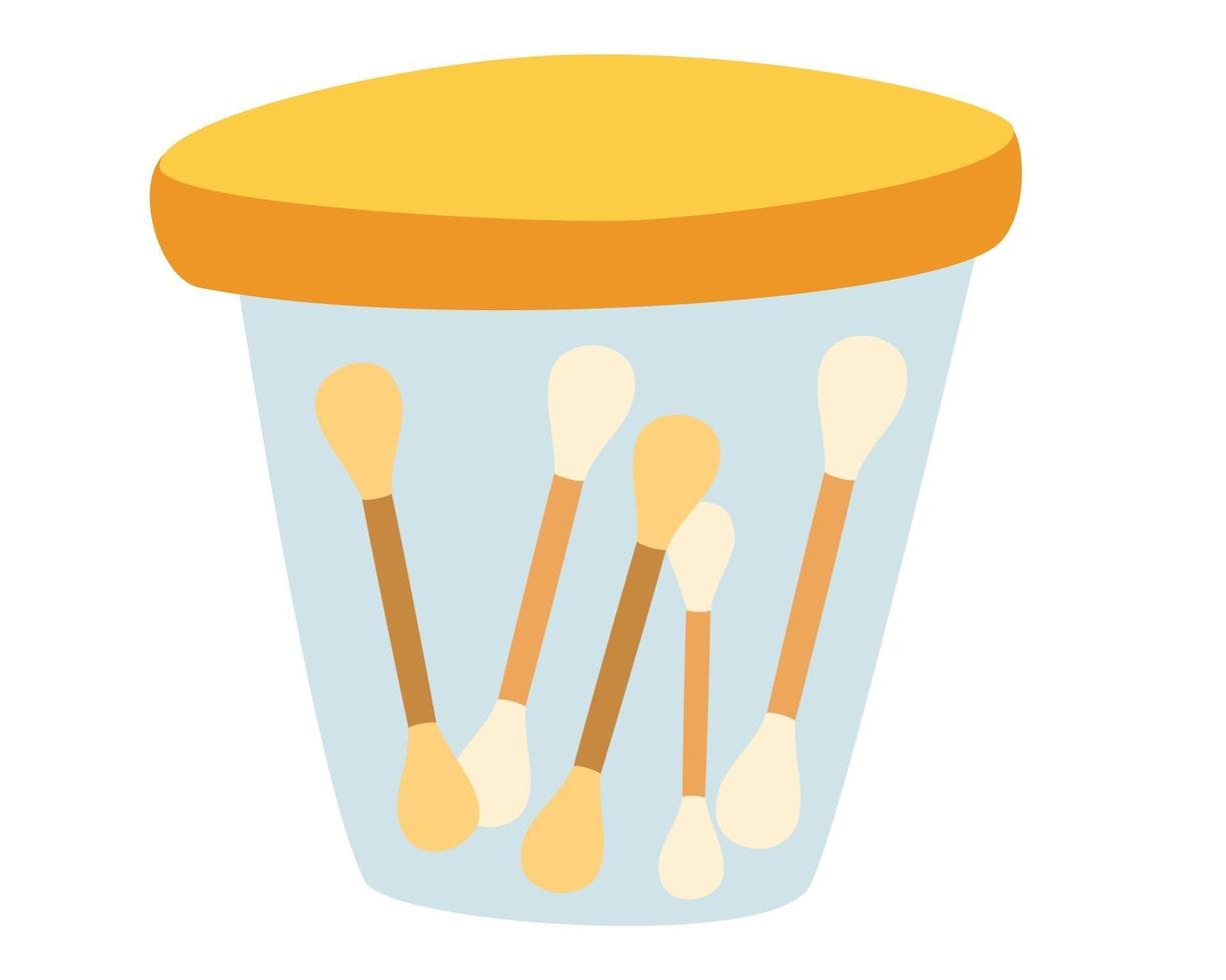 Ear sticks. Cotton swabs in containter. Glass jar with ear sticks. Care and hygiene. Wooden ear stick and cosmetic bud. Bath and makeup symbols. Clean beauty concept. No plastic. Vector illustration