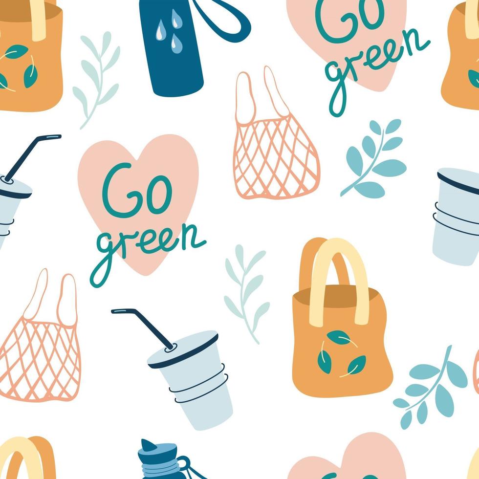 Seamless pattern with eco-friendly items. Textile and paper bags, cups. Go green.  Zero waste background. Reusable packaging and accessories creative textile, wrapping paper, wallpaper. Vector