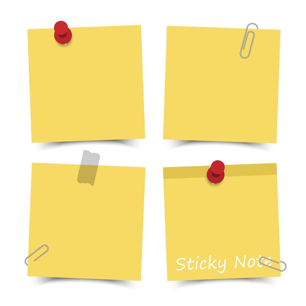 Flat design yellow color sticky notes with red pin , adhesive tape and paper clip on white board background . Vector .