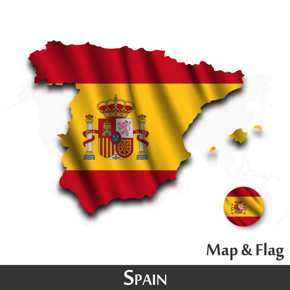 Spain map and flag . Waving textile design . Dot world map background . Vector