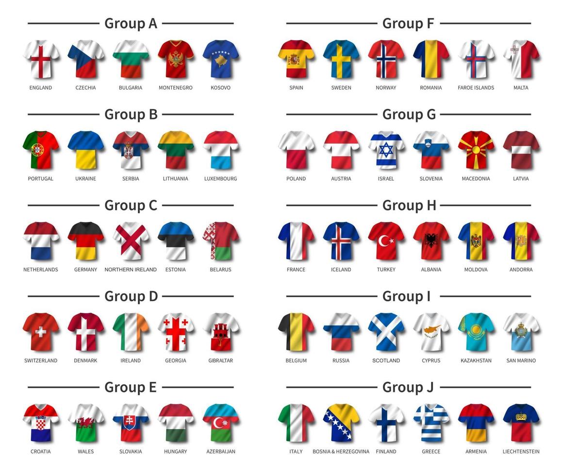 Sorteo clasificatorio del torneo europeo de fútbol 2020. grupo de equipos internacionales. camiseta de fútbol con el patrón de la bandera del país ondeando. fondo blanco del tema. vector. vector