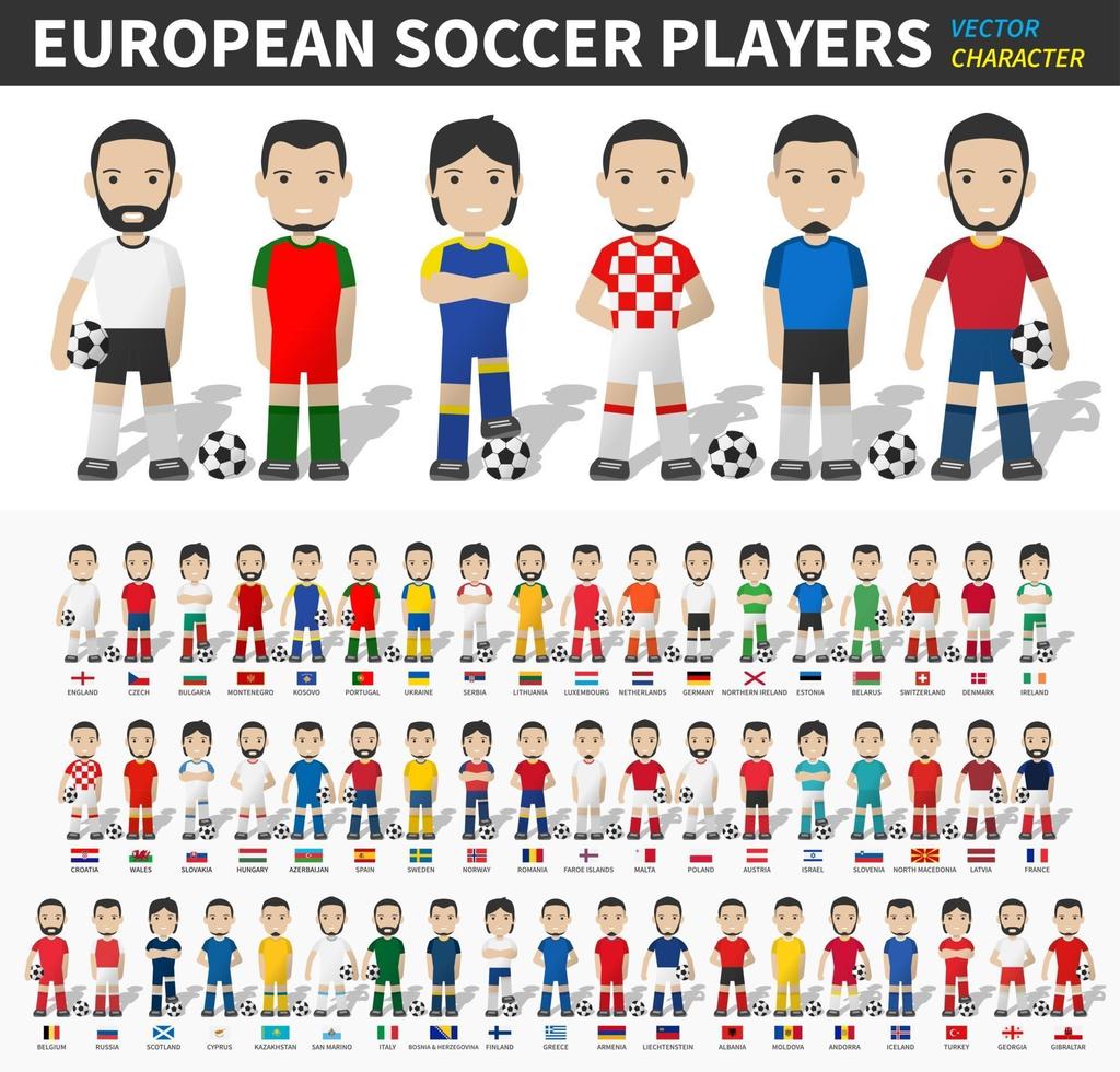 Torneo de la copa europea de fútbol 2020 y 2021. conjunto de futbolista con camiseta y bandera nacional. diseño plano de personaje de dibujos animados. fondo blanco aislado. vector. vector