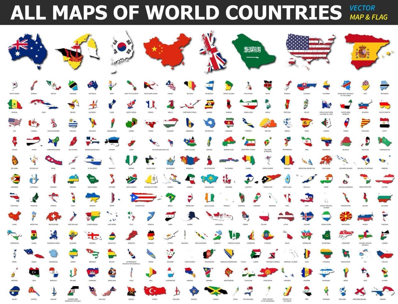 todos los mapas de países y banderas del mundo. colección de forma de contorno del mapa internacional del país con sombra. diseño plano . vector. vector