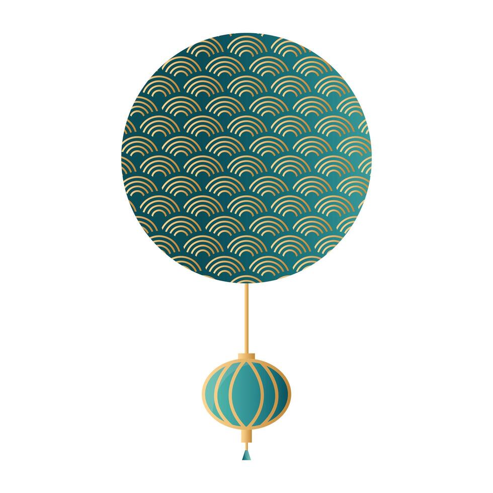 mid autumn festival with waves in circular frame and lanterns vector