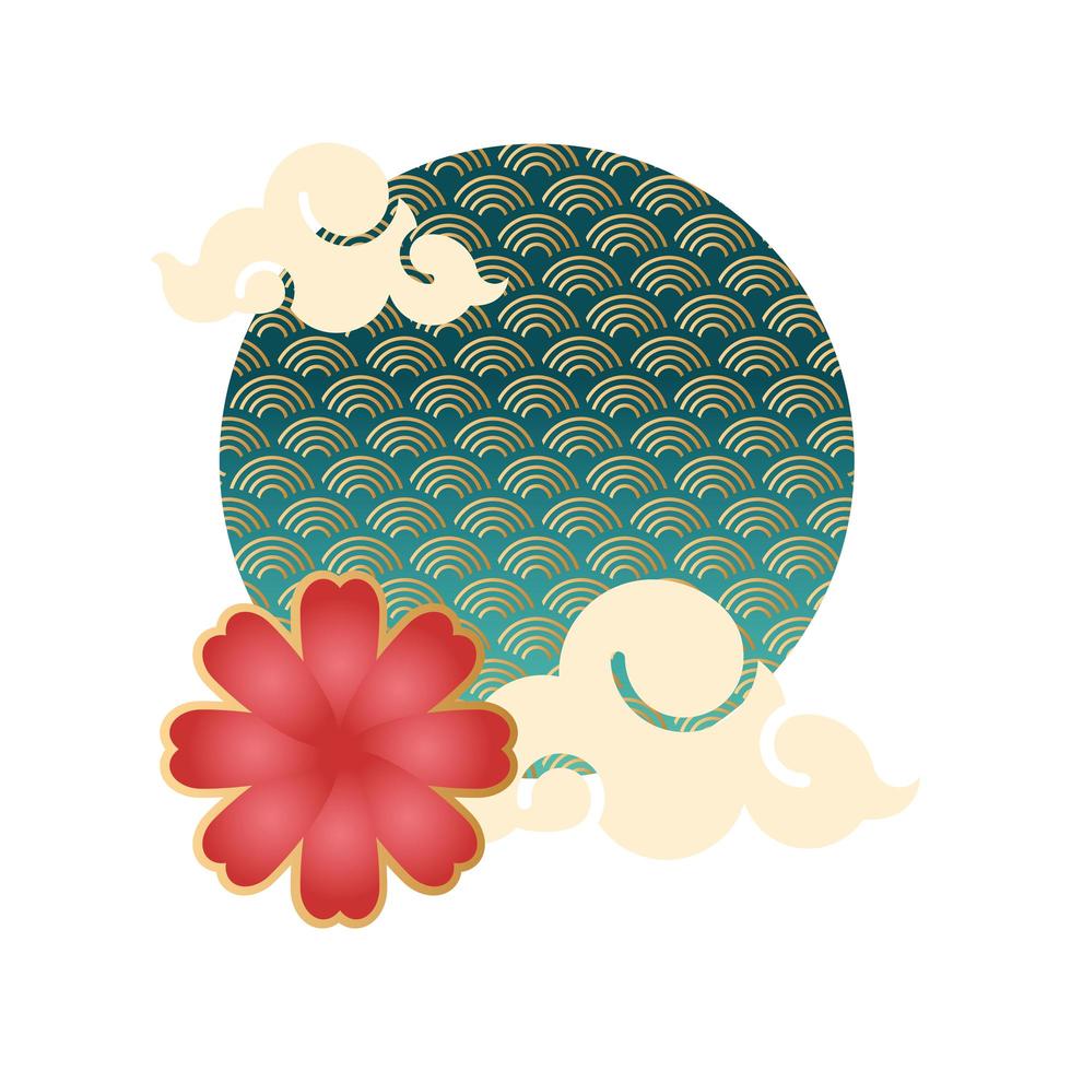 mid autumn festival with clouds and sea waves in circular frame vector
