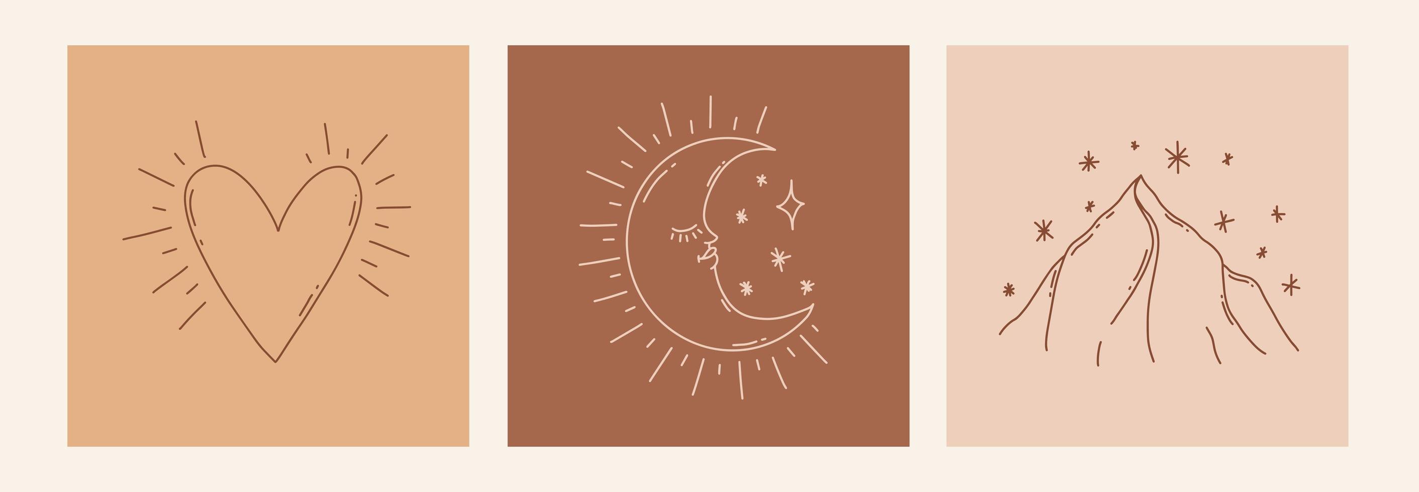 Magic line art poster with moon, mountain, heart vector