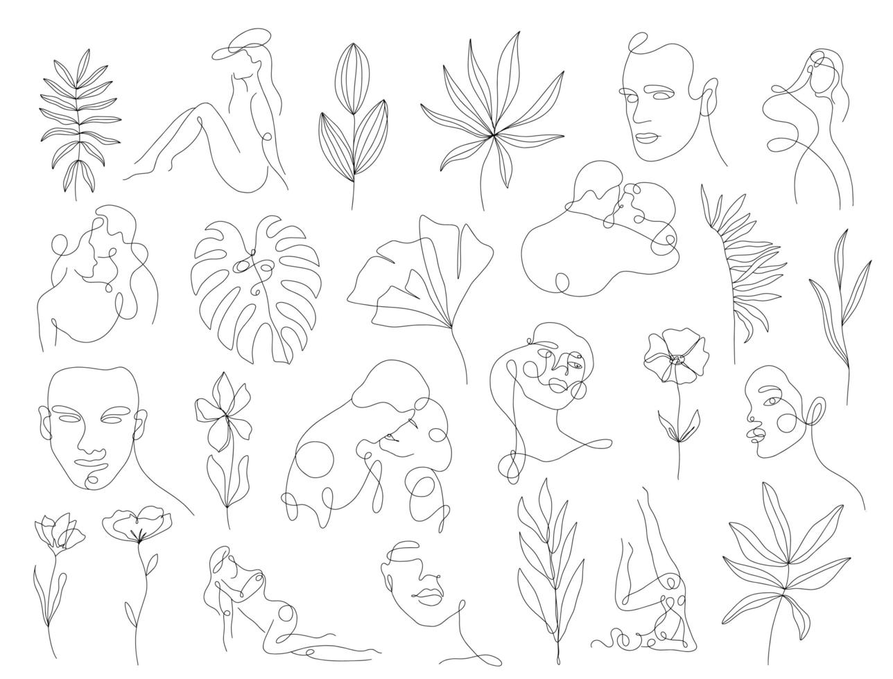 Set linear woman portraits and floral elemants vector