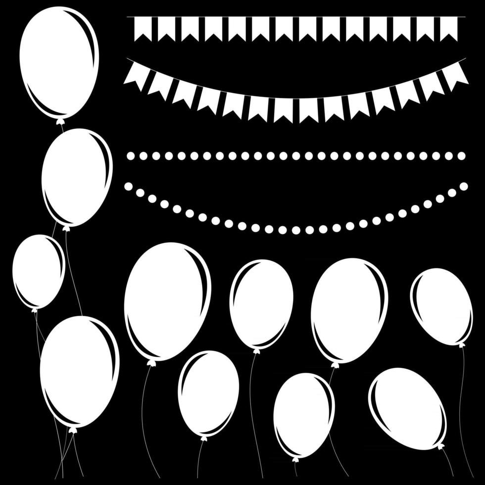 Set of flat white isolated silhouettes of balloons on ropes and garlands of flags. vector