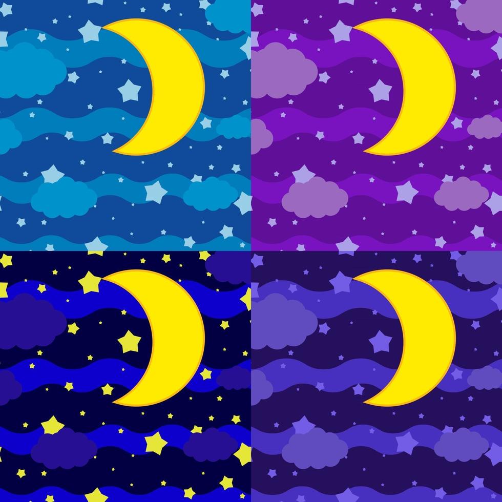 un conjunto de cuatro imágenes. la luna contra el fondo de un cielo oscuro de diferentes tonos con nubes y estrellas vector
