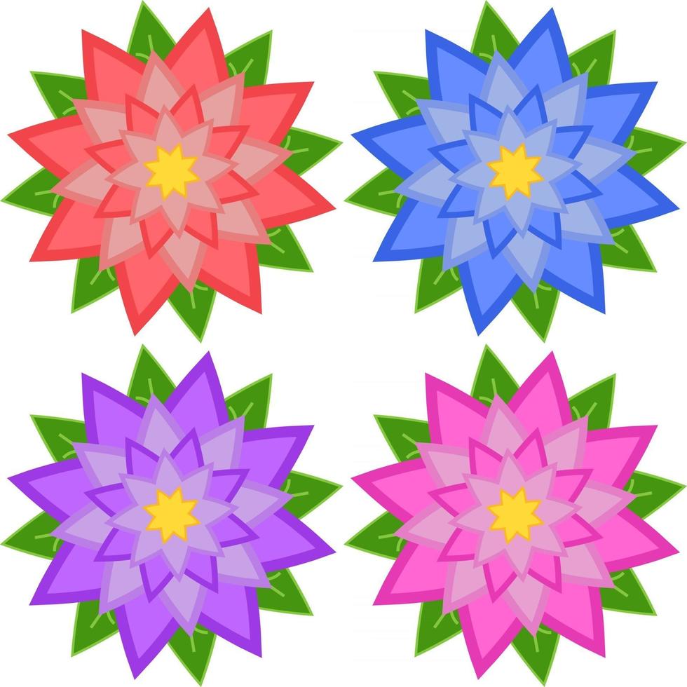 Set of four flowers of blue, red, purple, pink, isolated on white background. Suitable for design. vector